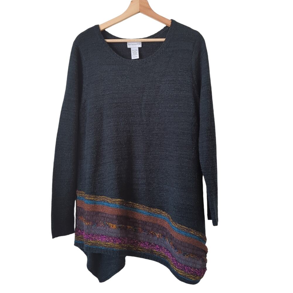Soft Surroundings Sweater Womens Large Wool Blend Crochet Patchwork Black Multi